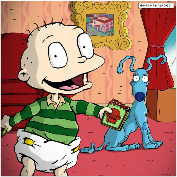 Tommy Plays Blue's Clues The Rugrats Tommy Pickles and Spike / Blue's Clues Steve and Blue Parody Mashup Design Fine Art Print
