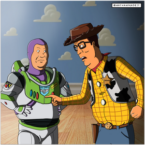 Woody Hill vs Buzz Dauterive King of the Hill Hank Hill and Bill Dauterive / Toy Story Woody and Buzz Lightyear Parody Mashup Design Fine Art Print