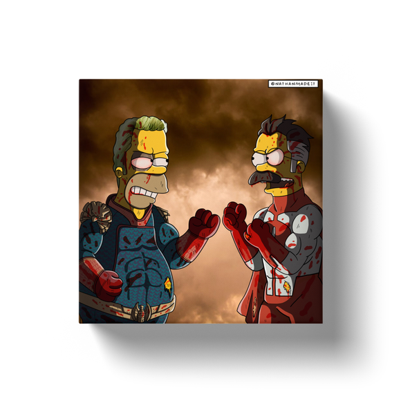 Homerlander vs Omni-Flan Amazon Prime Video The Boys Homelander / Amazon Prime Video Invincible Omni-Man  / The Simpsons Homer and Ned Flanders Fighting Scene Flying in Clouds Mashup Parody Design Canvas Print